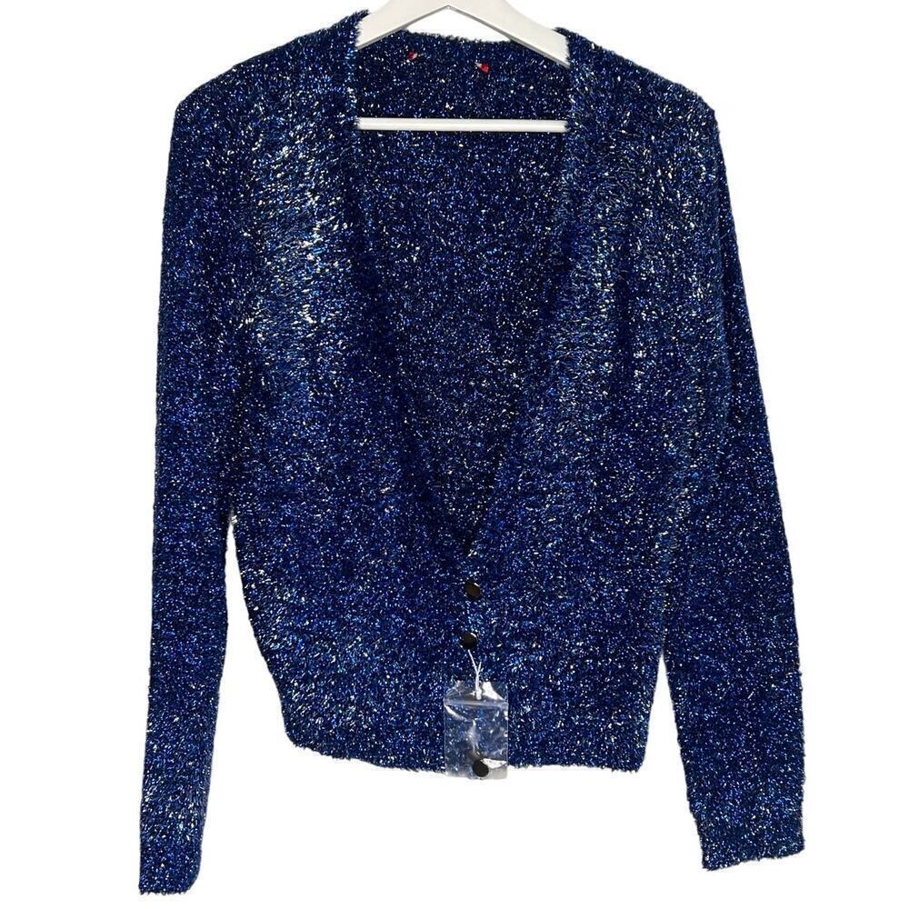 Max & Co. Max Mara Fuzzy Long Sleeve V-Neck Cardigan Sweater Royal Blue Size M
